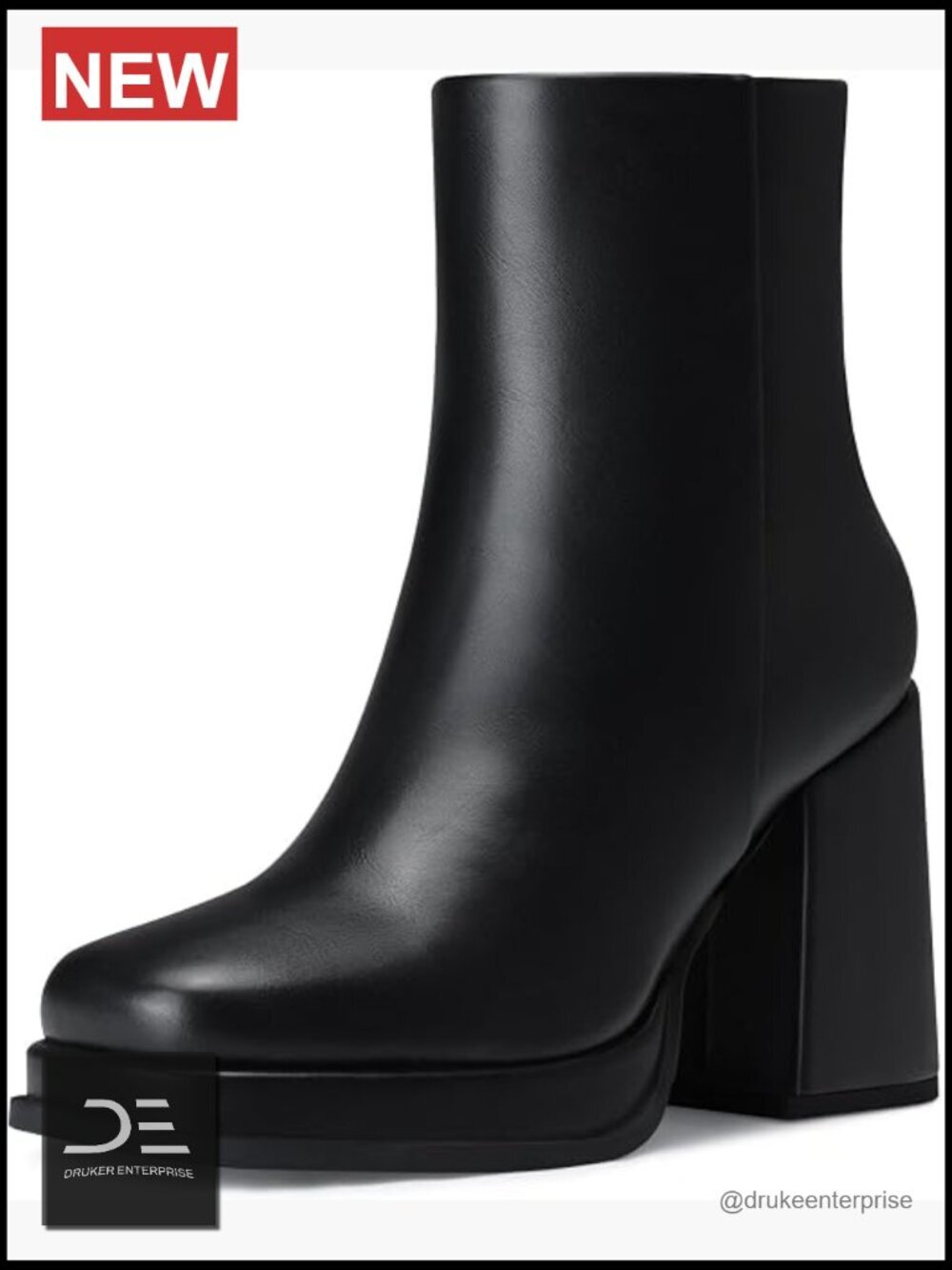 Square Toe Ankle Boots with Chunky Block Heel Platform, PU Leather